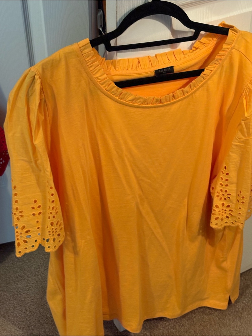 Talbots Yellow Eyelet Sleeve Ruffle Neck Blouse